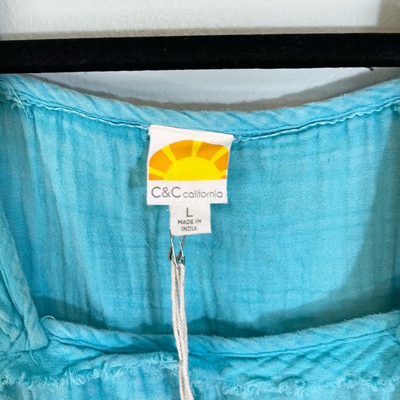 C&C California Blue Cotton Square Flutter Ruffle Sleeve Peplum Blouse Large NWT - Picture 3 of 10